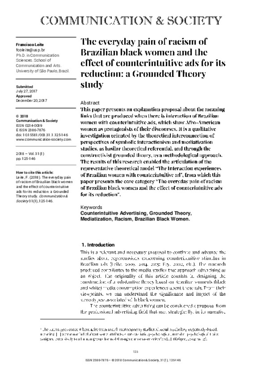 Dadun The Everyday Pain Of Racism Of Brazilian Black Women And The Effect Of Counterintuitive Ads For Its Reduction A Grounded Theory Study