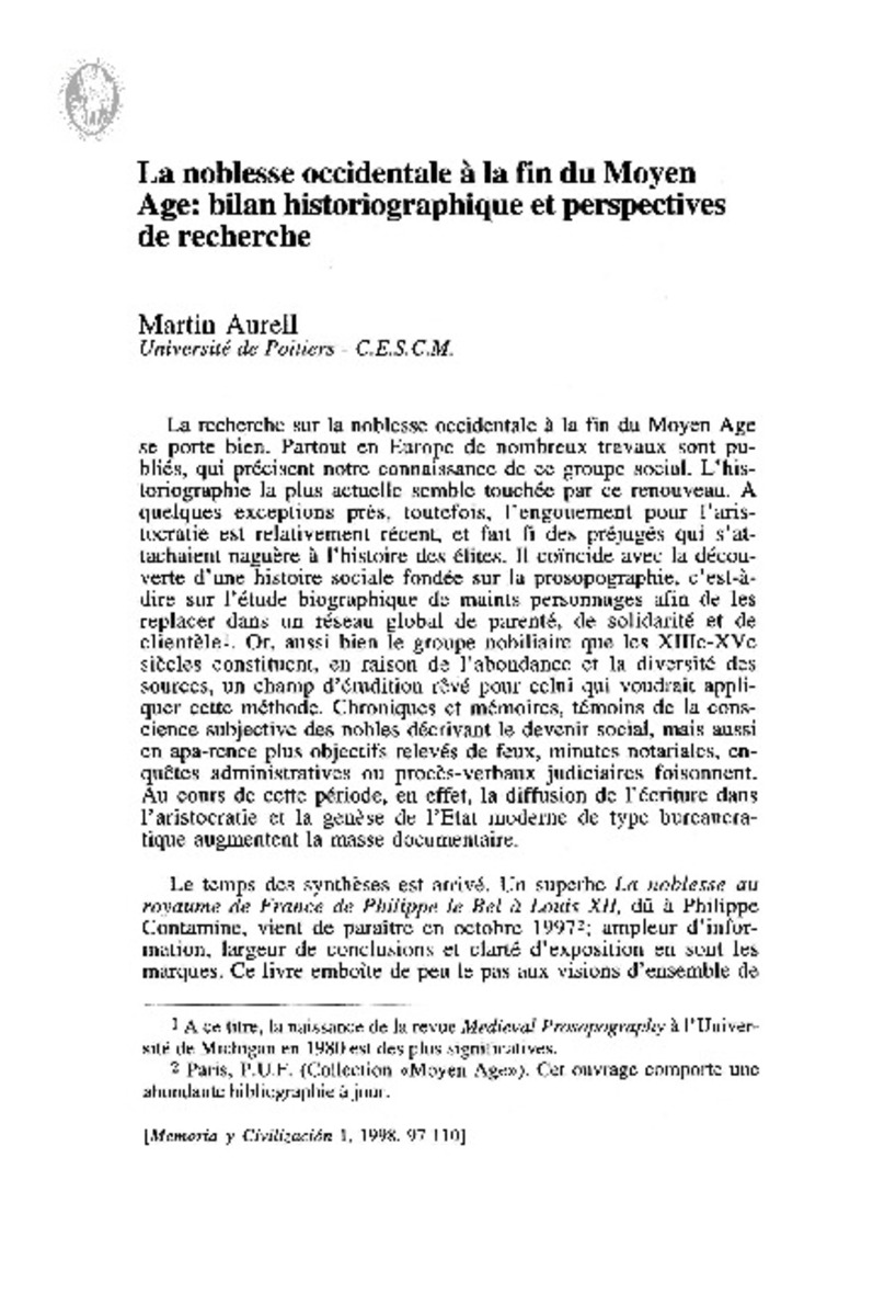 Dadun La Noblesse Occidentale A La Fin Du Moyen Age Bilan Historiographique Et Perspectives De Recherche